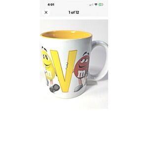 M&M's World Character Coffee Mug White Yellow Letter V Red Blue Green Orange Bro